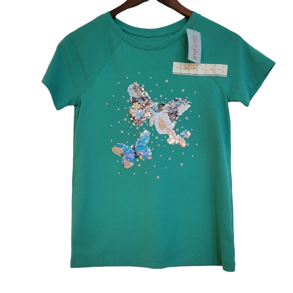 Cat & Jack Butterfly Sequin Tshirt 10/12 Big Girls Green Short Sleeve Brand New